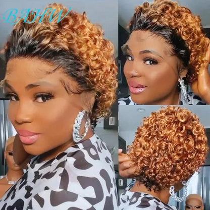 Brazilian Human Hair Wig  Curly Pixie Bob Short Preplucked Hairline 13X1 Hd Lace Front Bob Water Wave Wig