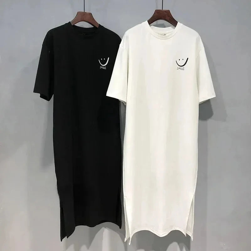 Damen Sommer Neues Kurzarm T-Shirt-Kleid Lockeres Midikleid über dem Knie