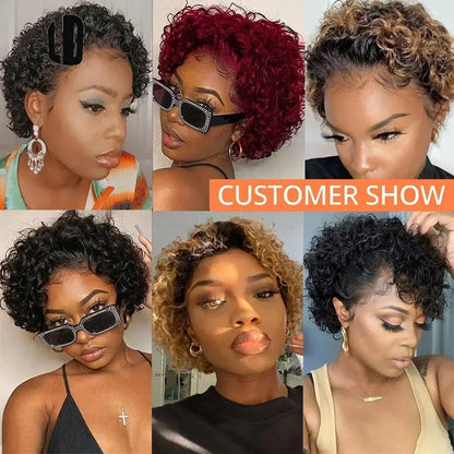 Brazilian Human Hair Wig  Curly Pixie Bob Short Preplucked Hairline 13X1 Hd Lace Front Bob Water Wave Wig