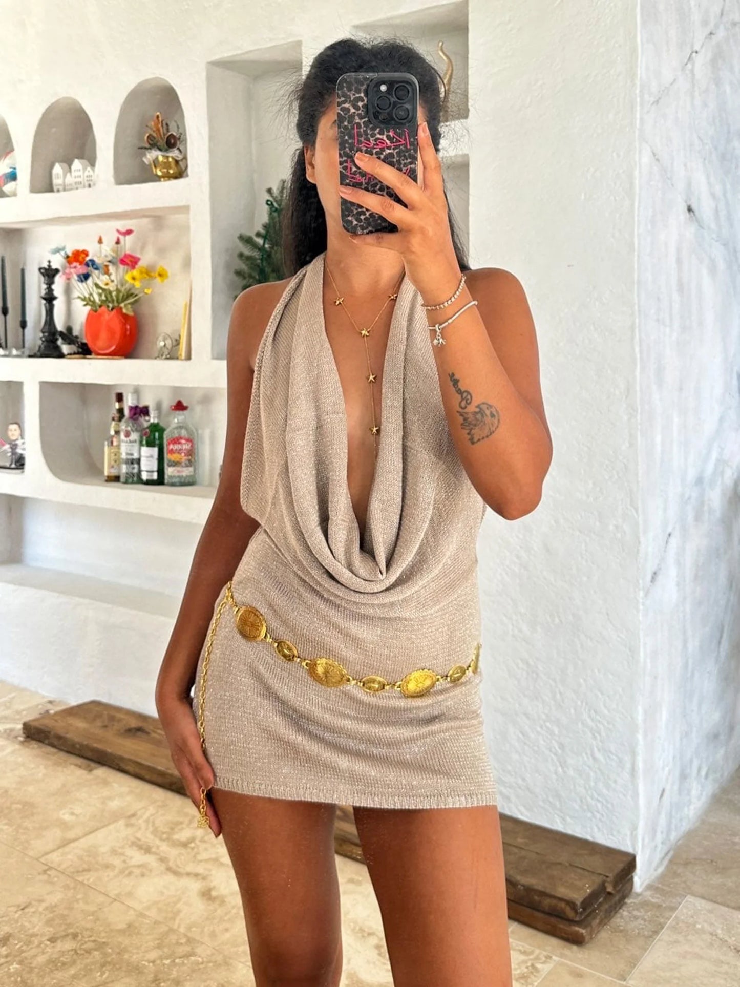 Sexy Stacked Deep V Neck Bright Silk Backless Knit Beach Mini Dress 2025 Women Summer Vacation Dresses（Belt not included）K145