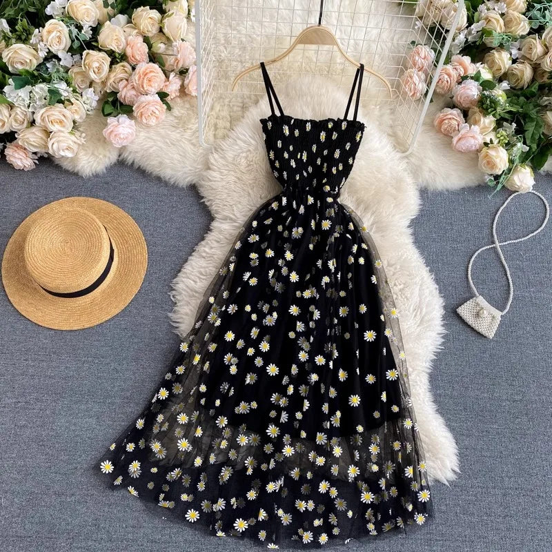 YuooMuoo Damenkleid 2026 Neue koreanische Mode Blumenmuster Spaghettiträger Mesh Partykleid Urlaubsstil Damen Strandkleid