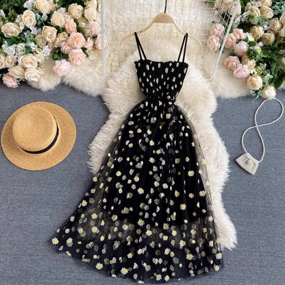 YuooMuoo Damenkleid 2026 Neue koreanische Mode Blumenmuster Spaghettiträger Mesh Partykleid Urlaubsstil Damen Strandkleid