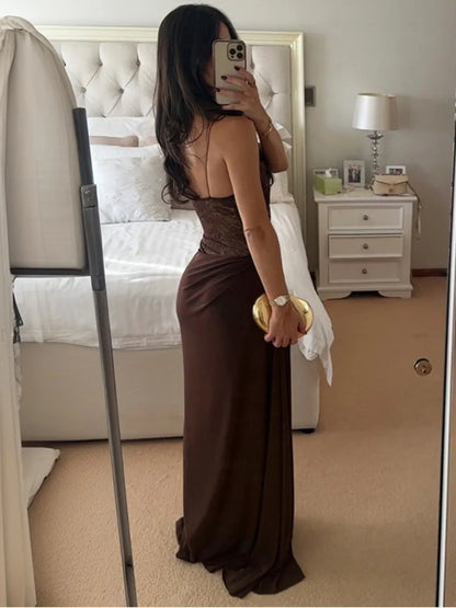 Mozision One Shoulder Spitzenkleid transparent Sexy Maxikleid Damen Abendkleid Mode Off-Shoulder Ärmellos Rückenfrei Club Lange Kleider