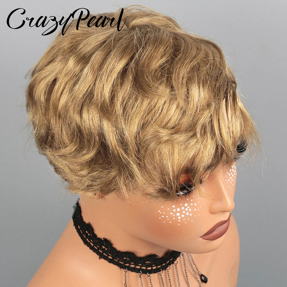 CrazyPearl Colored Light Brown Pixie Cut Wigs Human Hair 100% Short Wigs Human Hair Full Machine Wigs Glueless Wigs Human Hair
