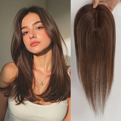 Light Brown Blonde Ombre 12 Inch Human Hair Toppers Lace Base Clip In Hairpiece for Women 100% Remy Human Hair Extensions