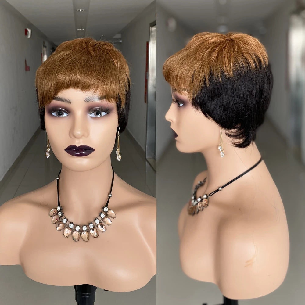 Short Straight Human Hair Wigs Natural Color Brazilian Remy Hair Pixie Cut Wig Human Hair Machine Wig For Black Women