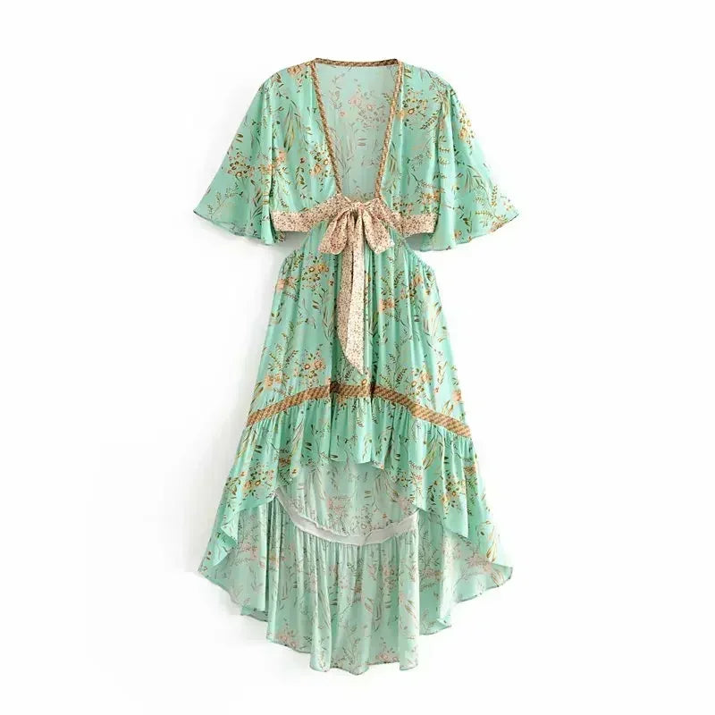 Boho Queens  Women Hollow Out Sexy Beach Dress Bohemian Lady Short Sleeve High-Low Rayon Summer Boho Dresses Robe