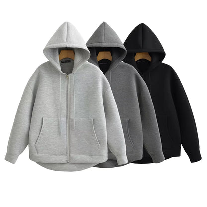 HH Autumn Women Casual Hooded Jacket Loose Oversize Zipper Hoodie Sweatshirts Solid Coat Office Lady Chic Outwear Tops