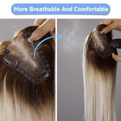 Light Brown Blonde Ombre 12 Inch Human Hair Toppers Lace Base Clip In Hairpiece for Women 100% Remy Human Hair Extensions