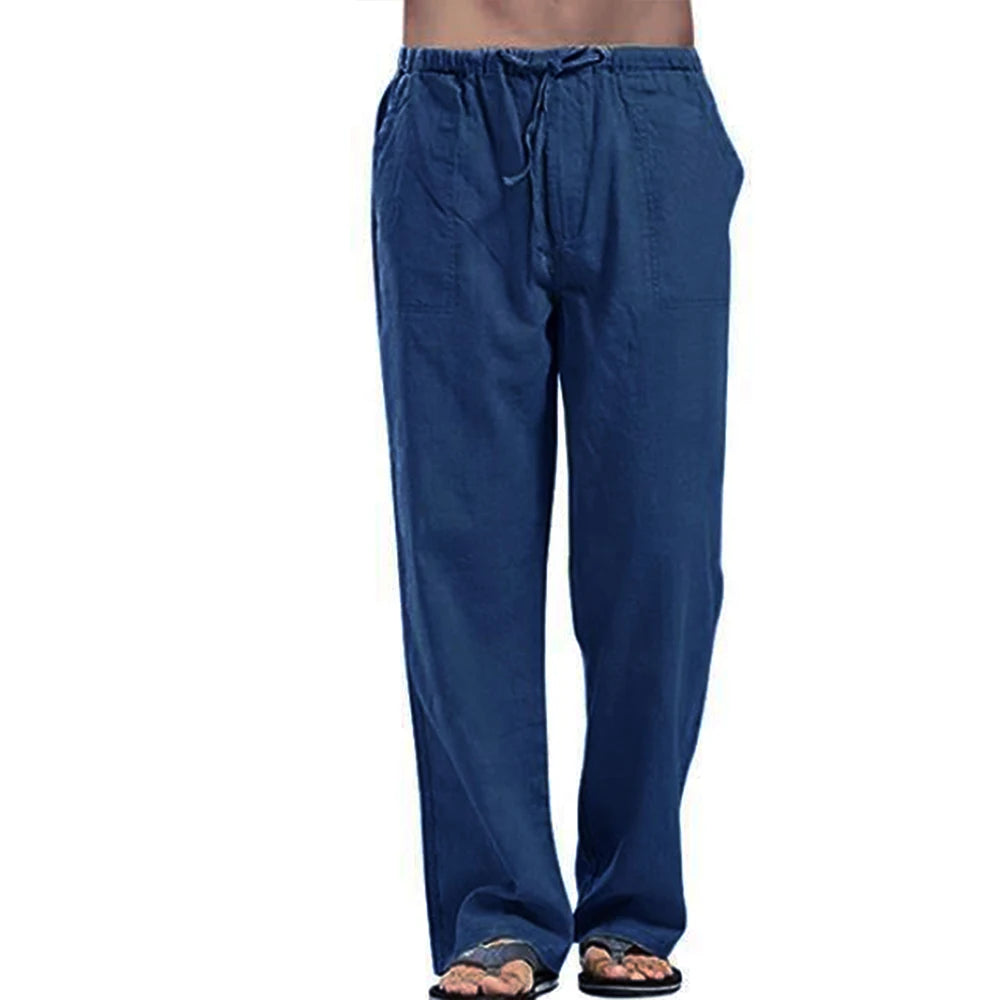 Men's Long Pants Lightweight Drawstring with Pockets Comfortable Straight Leg Casual Trousers for Summer Beach Wear
