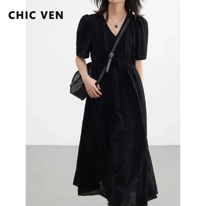 CHIC VEN Damenkleider Französischer Stil Vintage V-Ausschnitt Puffärmel Langes Kleid Einfarbig Schwarz Locker Damenbekleidung Sommer Neu 2023