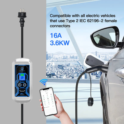 EV Charger 3.6KW 16A 1Phase Portable Type2 Plug Fast Charging Box 5m Cable Adjust Current for Electric Car Charging Station