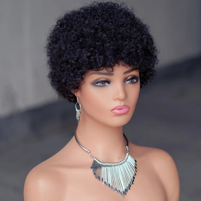 Short Afro Kinky Curly Human Hair  Wig for Women Fluffy Hair Short Pixie Curly Retro Style Human Hair Wig Full Machine Wig