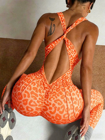 Sexy Leopard Print Sport-Jumpsuits für Damen V-Ausschnitt Rückfrei Yoga Bodysuit Weiblich Ärmellos Eng Gym Laufen Fitness Overalls