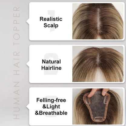 Light Brown Blonde Ombre 12 Inch Human Hair Toppers Lace Base Clip In Hairpiece for Women 100% Remy Human Hair Extensions