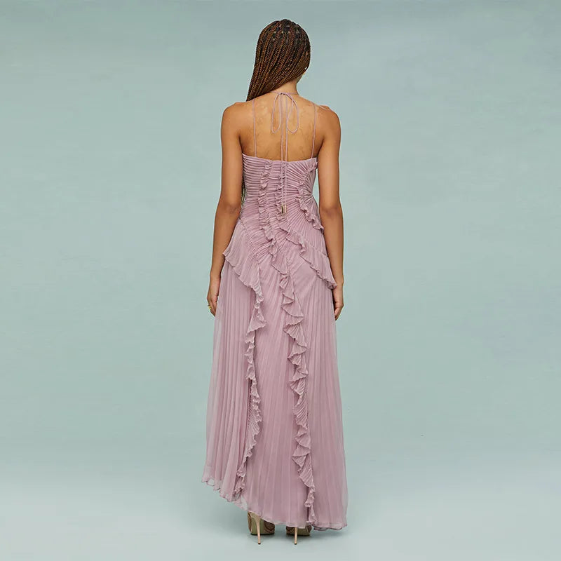 Chic Elegant Lotus Edge Maxi Dress Slim Fit Backless Lace Up Halter Robes Sleeveless Party Vestidos 2025 Nw Lady Vacation Gowns