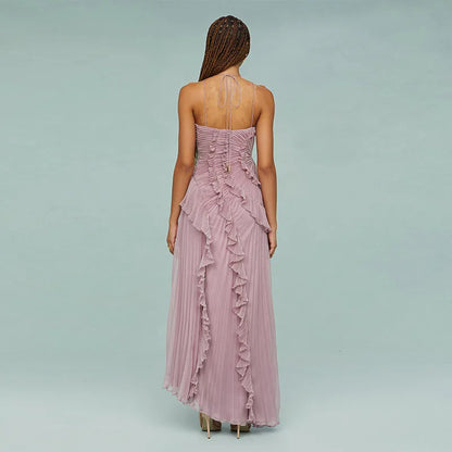 Chic Elegant Lotus Edge Maxi Dress Slim Fit Backless Lace Up Halter Robes Sleeveless Party Vestidos 2025 Nw Lady Vacation Gowns