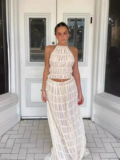2024 summer new sexy halter top with exposed back and camisole, pleated lace vest, long skirt set