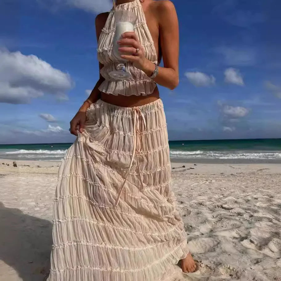 2024 summer new sexy halter top with exposed back and camisole, pleated lace vest, long skirt set
