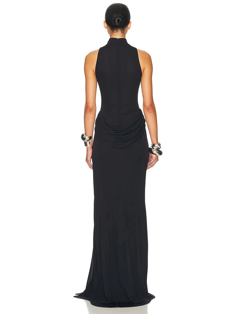 Blifanbo Rollkragen-Off-Shoulder Ärmelloses Maxikleid mit Beinschlitz Hoher Taille und Falten für Damen Eleganter Mode-Club-Party-Look