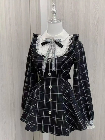 Japanese Gothic Lolita Dress Set Women Harajuku Y2k Bow Lace Ruffles Collar Mini Dresses Female Elegant Party Cute Dress