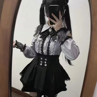 Japanese Gothic Lolita Dress Set Women Harajuku Y2k Bow Lace Ruffles Collar Mini Dresses Female Elegant Party Cute Dress
