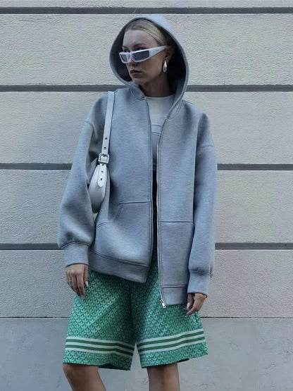 HH Autumn Women Casual Hooded Jacket Loose Oversize Zipper Hoodie Sweatshirts Solid Coat Office Lady Chic Outwear Tops