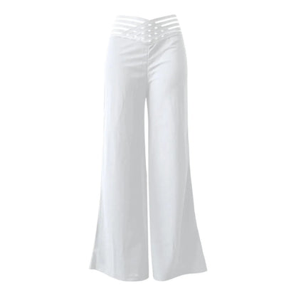 Women Wide Leg Flared Pants Autumn Casual Crisscross Sheer Mesh Patch High Waist Trousers Y2k Streetwear Elegant Work Pant