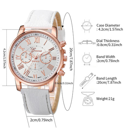 5 TEILE/Set Damenuhr Mode Römisches Zifferblatt Lederarmband Quarzuhr Perlen Schmuckset (Ohne Box)