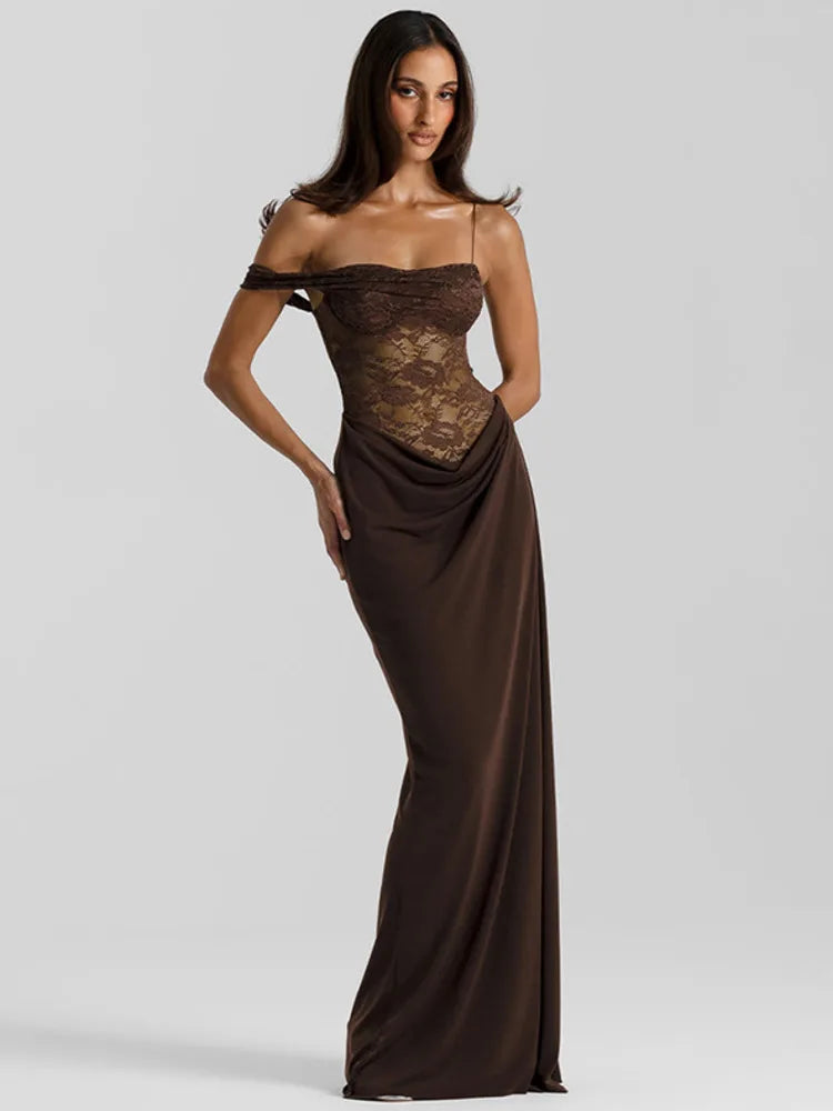 Mozision One Shoulder Spitzenkleid transparent Sexy Maxikleid Damen Abendkleid Mode Off-Shoulder Ärmellos Rückenfrei Club Lange Kleider