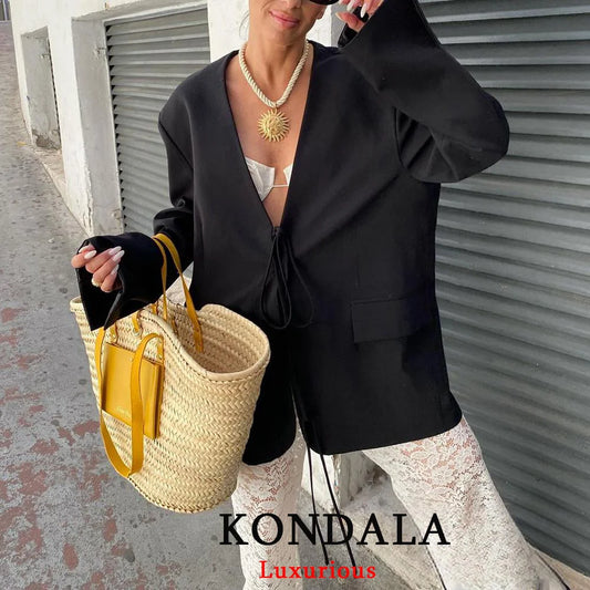 KONDALA Casual Oversized Black Blazer Women V Neck Bow Tie Pockets Loose Jackets Fashion 2025 Fall Streetwear Women Outwears
