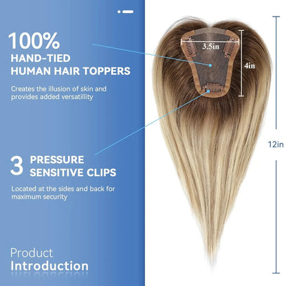 Light Brown Blonde Ombre 12 Inch Human Hair Toppers Lace Base Clip In Hairpiece for Women 100% Remy Human Hair Extensions
