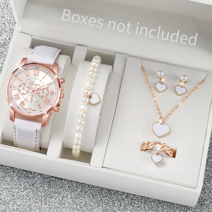 5/6 Stück modische Damen-Quarzuhren mit Lederarmband, analoge Armbanduhren, Herz-Strass-Schmuckset (ohne Box)