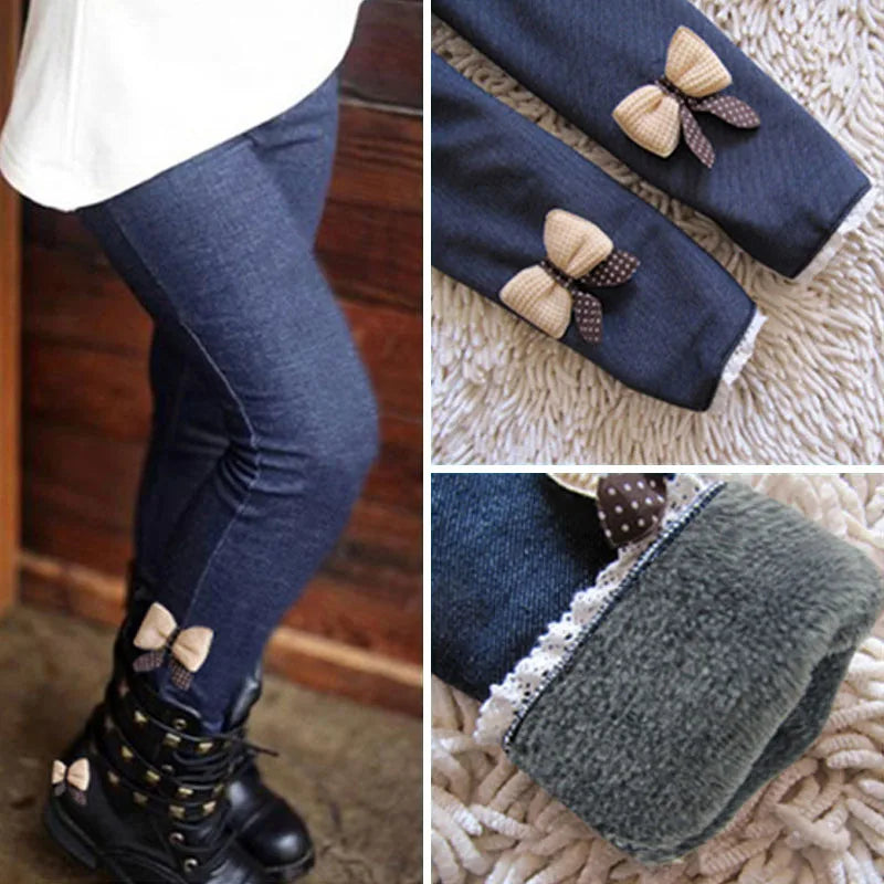 Mädchenhosen Dicke Warme Winter-Frühlings-Jeans Leggings mit Schleife Kinderhosen