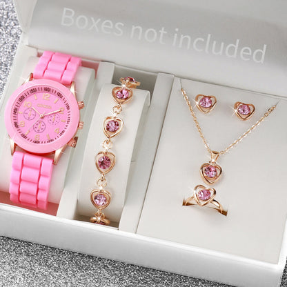 5/6PCS Damenarmbanduhren Mode Silikonarmband Damen Quarzuhr Schmuckset Reloj Mujer Mädchenuhr Geschenk (Ohne Box)