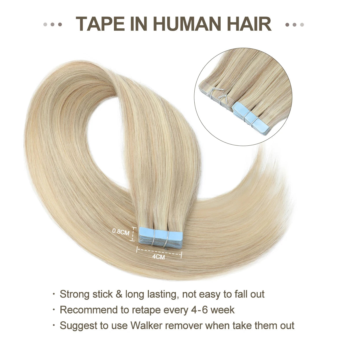 MRSHAIR Tape in Hair Extensions Human Hair Blonde Seamless Tape Hair Extensions 4x0.8cm Skin Weft PU Tape On Hair 20PCS 12"-24"