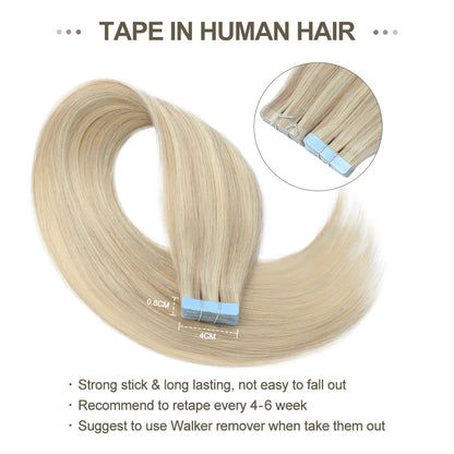 MRSHAIR Tape in Hair Extensions Human Hair Blonde Seamless Tape Hair Extensions 4x0.8cm Skin Weft PU Tape On Hair 20PCS 12"-24"