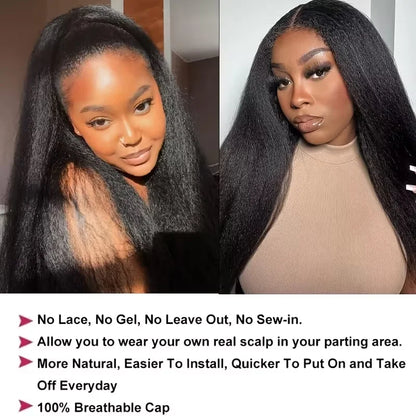 Kinky Straight V Part Wig Natural Black Color No Leave Out Easy Put On Full Head Clip In Glueless Human Hair Wig for Women