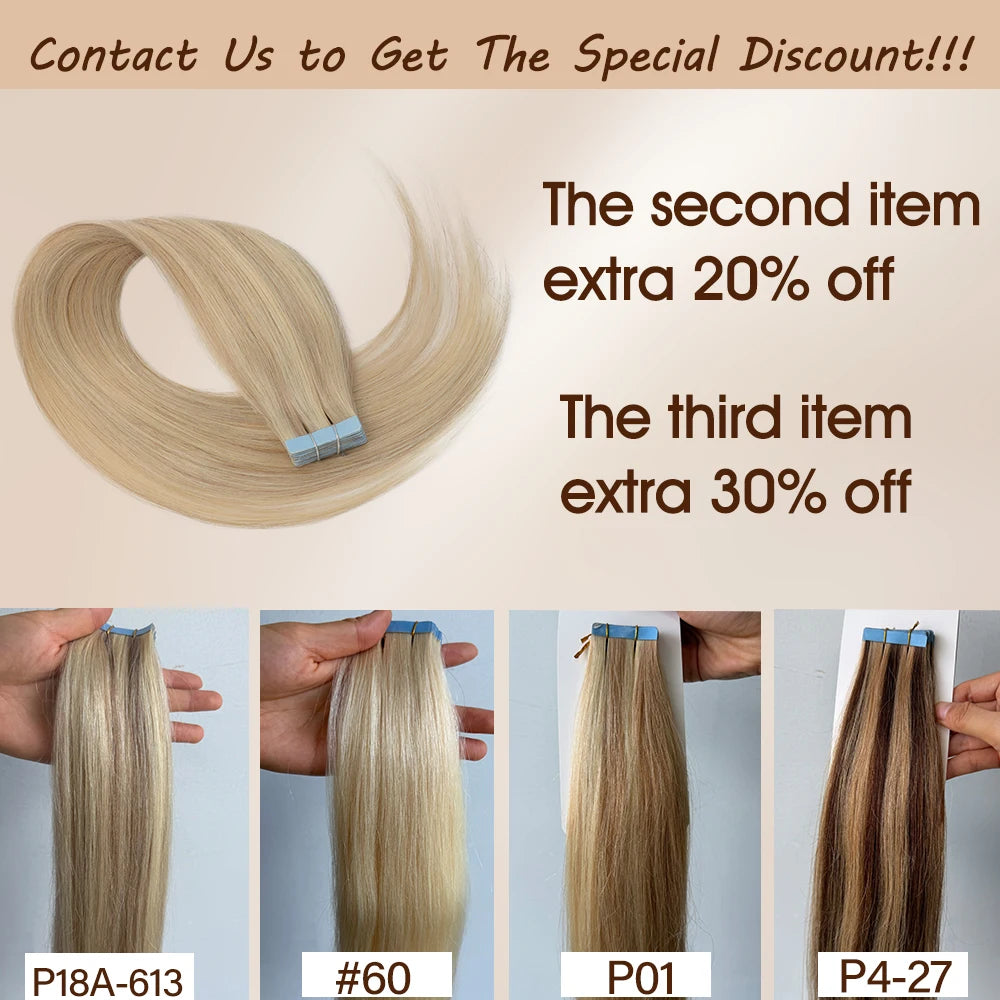 MRSHAIR Tape in Hair Extensions Human Hair Blonde Seamless Tape Hair Extensions 4x0.8cm Skin Weft PU Tape On Hair 20PCS 12"-24"