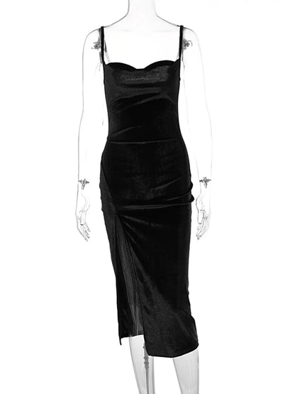 Hugcitar Samt-Schwingkragen Ärmelloses Slip-Kleid Sexy Schlitz Maxikleid 2025 Neue Mode Abendparty Damen Elegant Streetwear Y2K