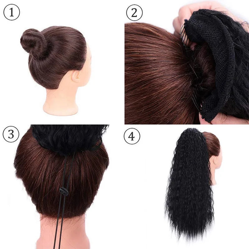 22Inch Synthetic Long Kinky Wave Curly Drawstring Clip in Ponytail Hair Extension High Temperature Fiber Hairpiece for Women