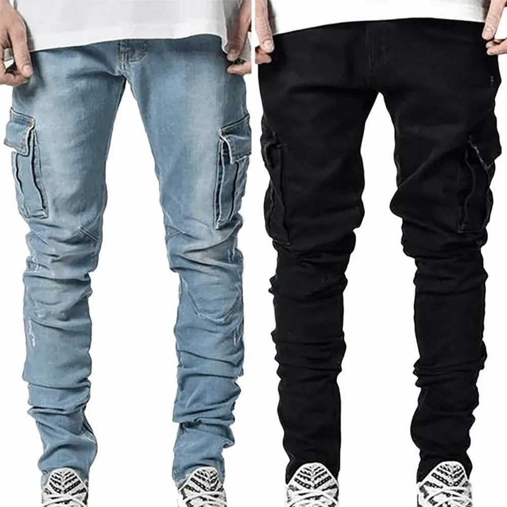 Street Elastische Jeans Herren Denim Cargo Hose Waschung Unifarben Multi Taschen Lässige Mittelhohe Taille Hose Schmale Passform Alltag Jogger