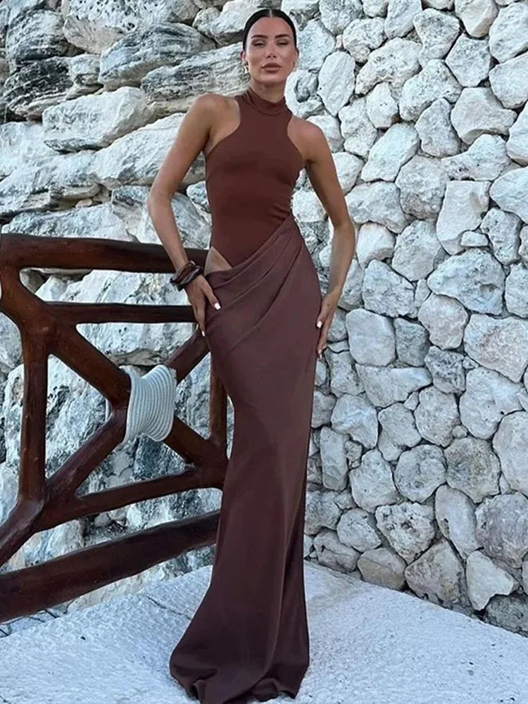 JULISSA MO Satin Sexy Hollow Out Damen Maxikleid Schwarz Ärmellos High Waist Kleid Female Herbst Skinny Elegant Party Clubwear