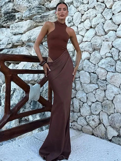 JULISSA MO Satin Sexy Hollow Out Damen Maxikleid Schwarz Ärmellos High Waist Kleid Female Herbst Skinny Elegant Party Clubwear