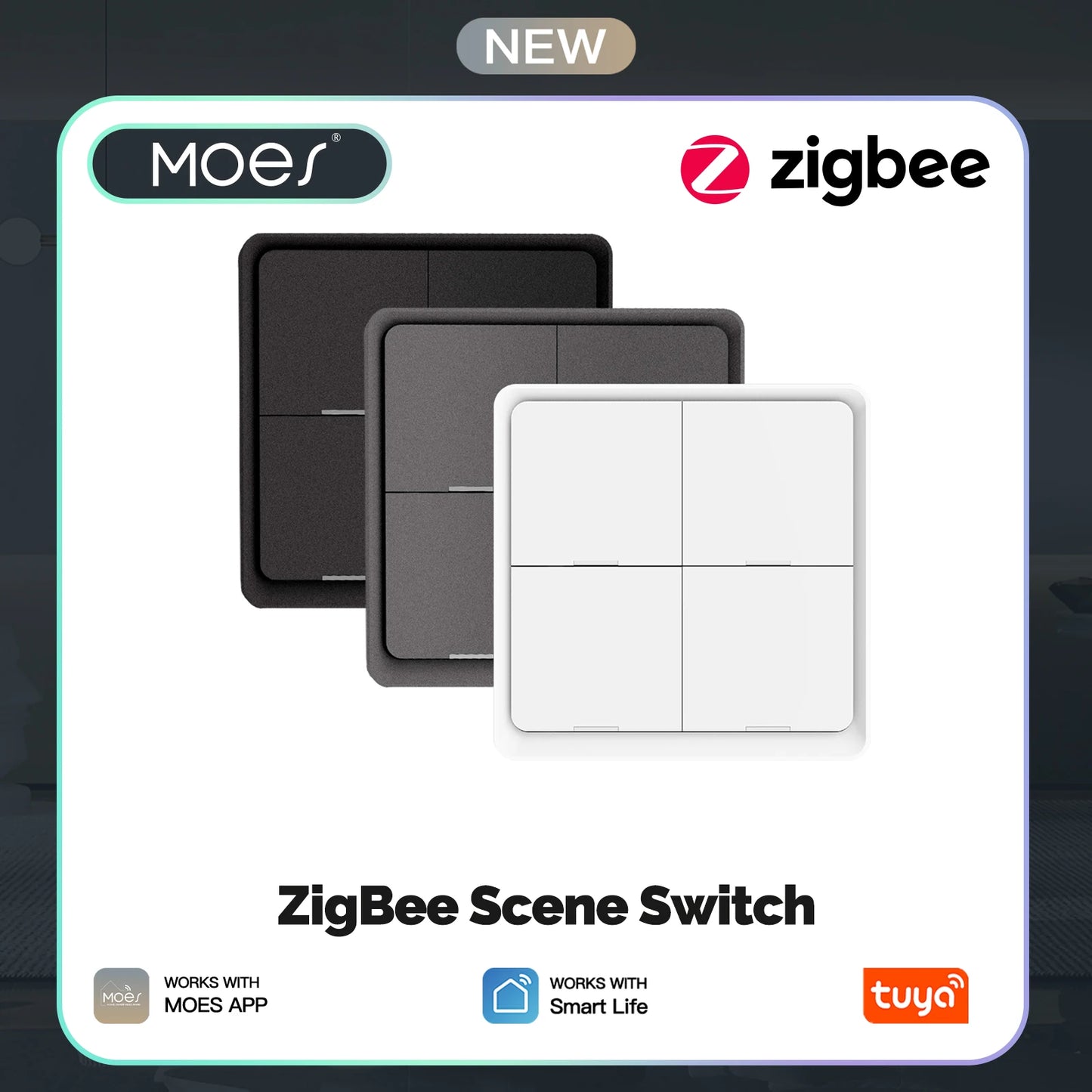MOES 4-fach Tuya ZigBee Wireless 12-Szenen-Schalter Taster Batteriebetrieben Automatisierungsszenario für Tuya Geräte