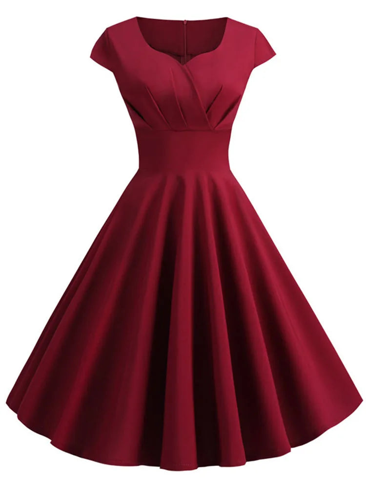 Pinkes Sommerkleid Damen V-Ausschnitt Vintage Robe Elegant Retro Pin Up Party Büro Midikleider