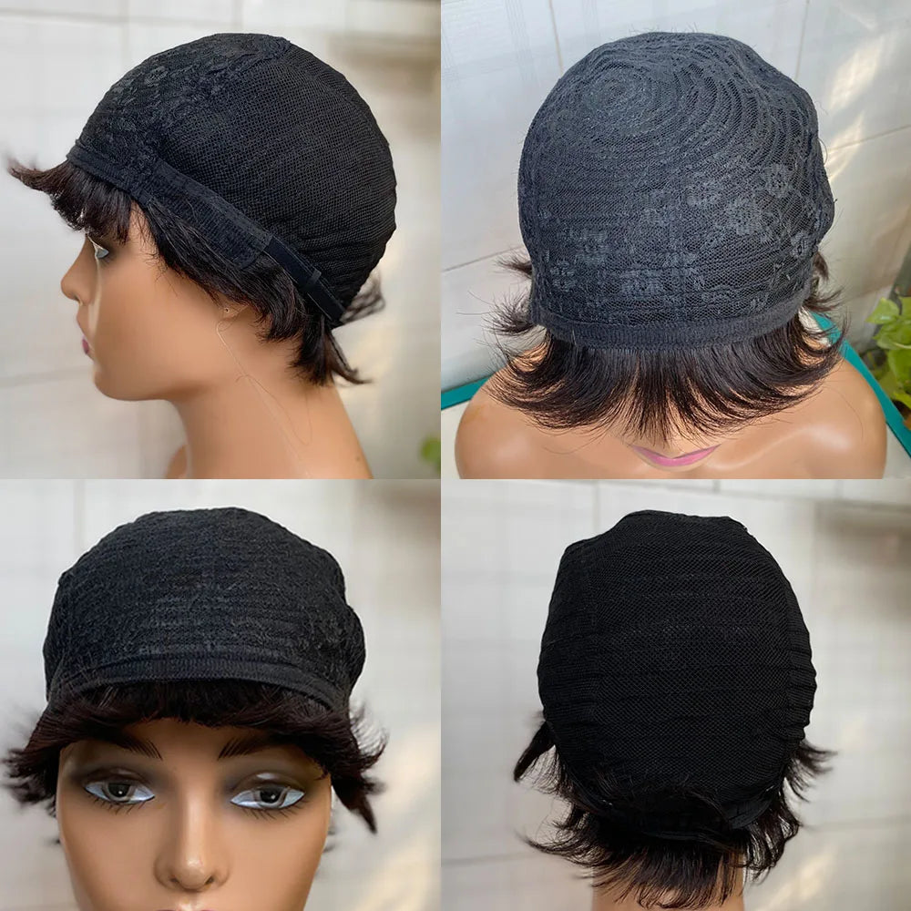 Short Straight Human Hair Wigs Natural Color Brazilian Remy Hair Pixie Cut Wig Human Hair Machine Wig For Black Women