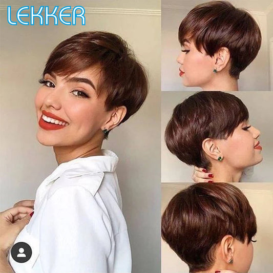 Lekker Kurzer Pixie Cut Glatter Bob 100% Echthaarperücken mit Pony für Frauen Brasilianisches Remy-Haar Burgunderrot Ausverkauf