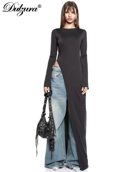 Dulzura Langarm Maxikleid mit hohem Seitenschlitz, einfarbig, sexy langes Kleid für Damen, Party, Club, Streetwear, Herbst-Winter-Outfit
