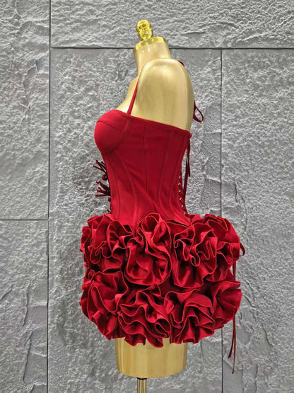 Rotes Damen Sexy Neckholder Komplett Blumenmuster 2-Teiler Bodycon Mini Bandage Kleid zum Feiern, für Nachtclubs, Partys, Geburtstage